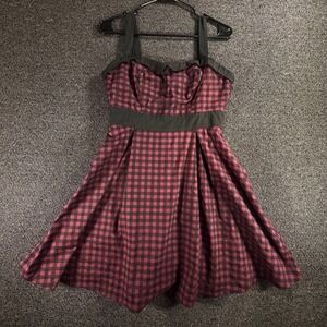Hot Topic Gingham Check Pinup Fit Flare Dress Womens Medium Burgundy Black